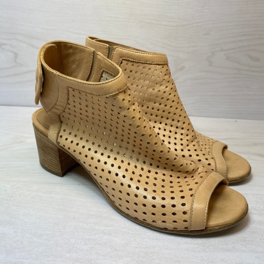 Lemare Womens Size 7 38 Sandal Block Heel Tan Leather Open Toe Italy Bootie